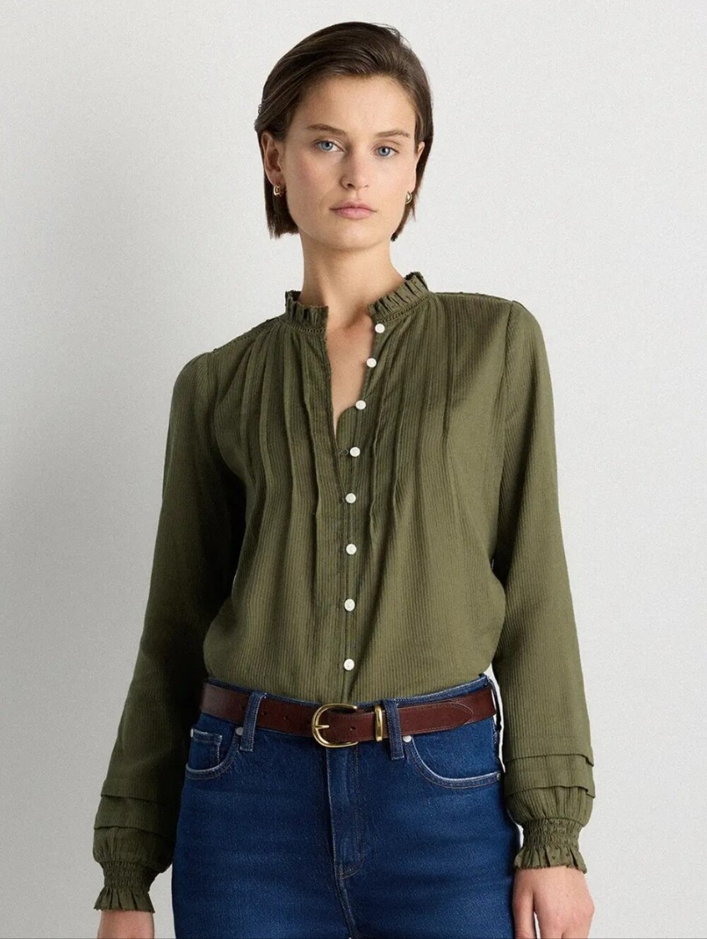 Quince Olive Green Ruffle Pintuck Blouse